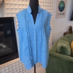 Gorsuch Linen Blouse, Sleeveless Blue Ruffle-Trim Button Front - Size 46 / XL